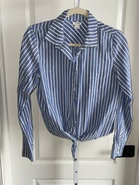 J.Crew Blue White Striped Tie Front Button Shirt Size Medium